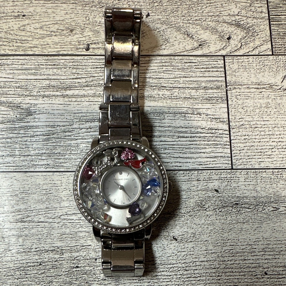 Origami Owl Women Silver Tone Analog Quartz Gemmed SS Bracelet Deployant *Untest